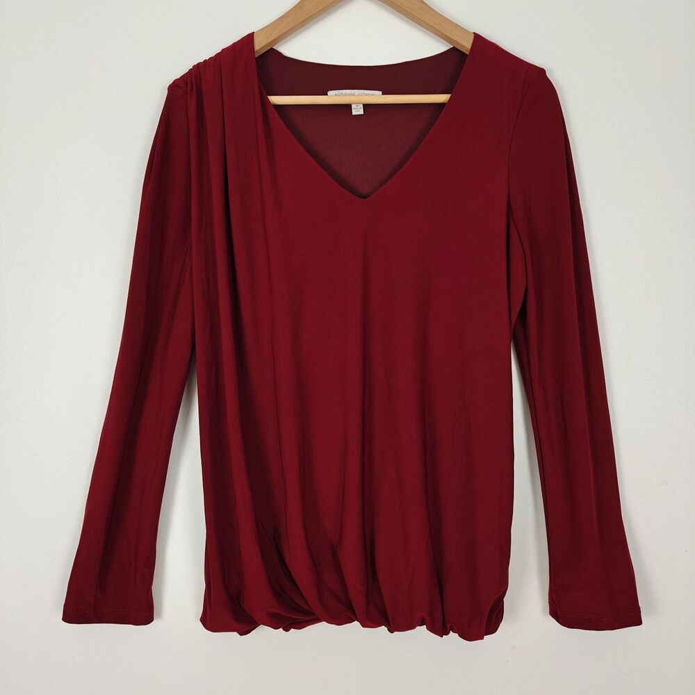 Adrienne Vittadini Rutched Shoulder Bubble Hem Dark Red Blouse Size M Flowy Chic